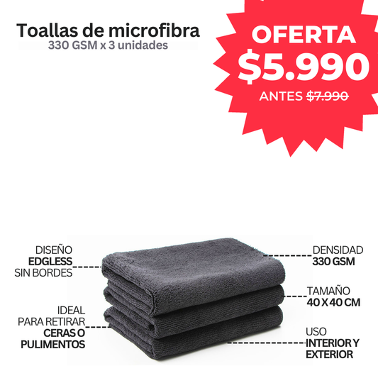3 Toallas microfibra sin bordes 330 GSM