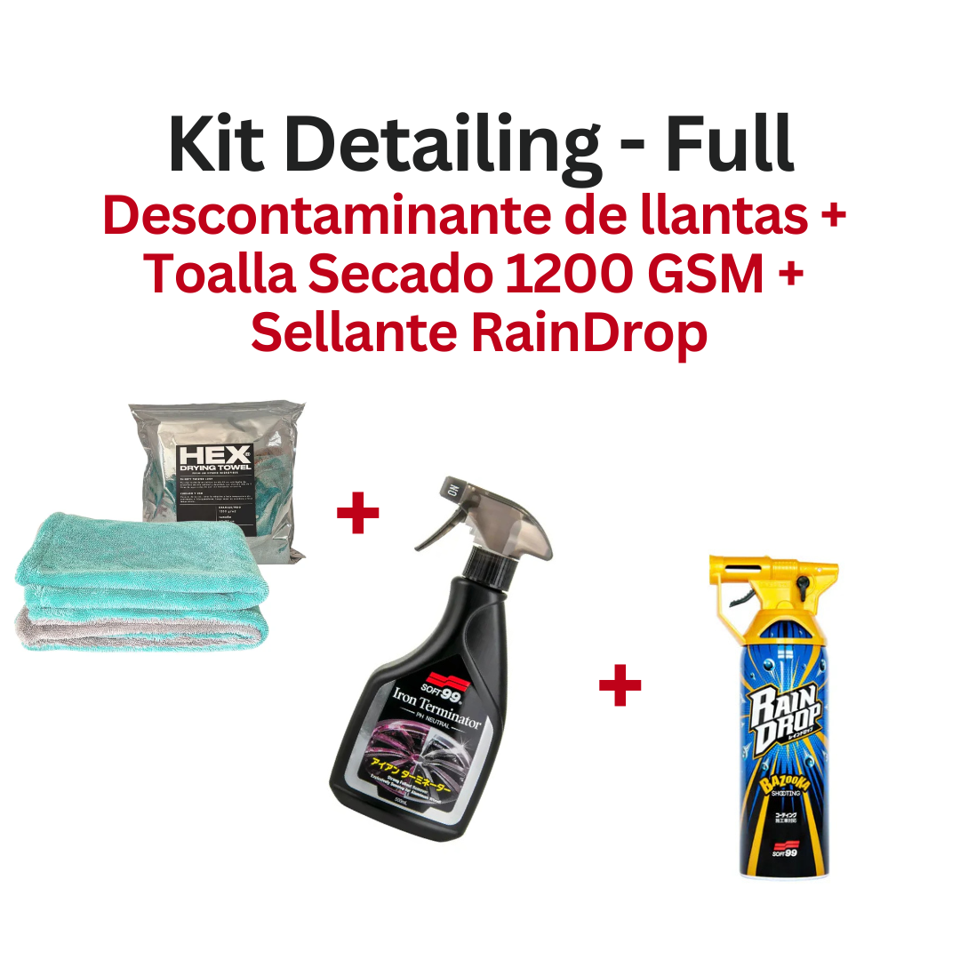 Kit Detailing Full | Toalla Secado + Descontaminante de llantas + Sellante Raindrop