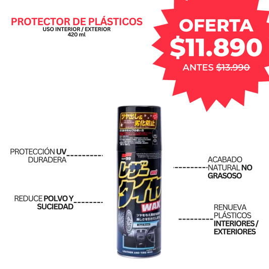Protector de Plásticos Interior y Exterior 420ml | Soft99 Leather & Tire Wax